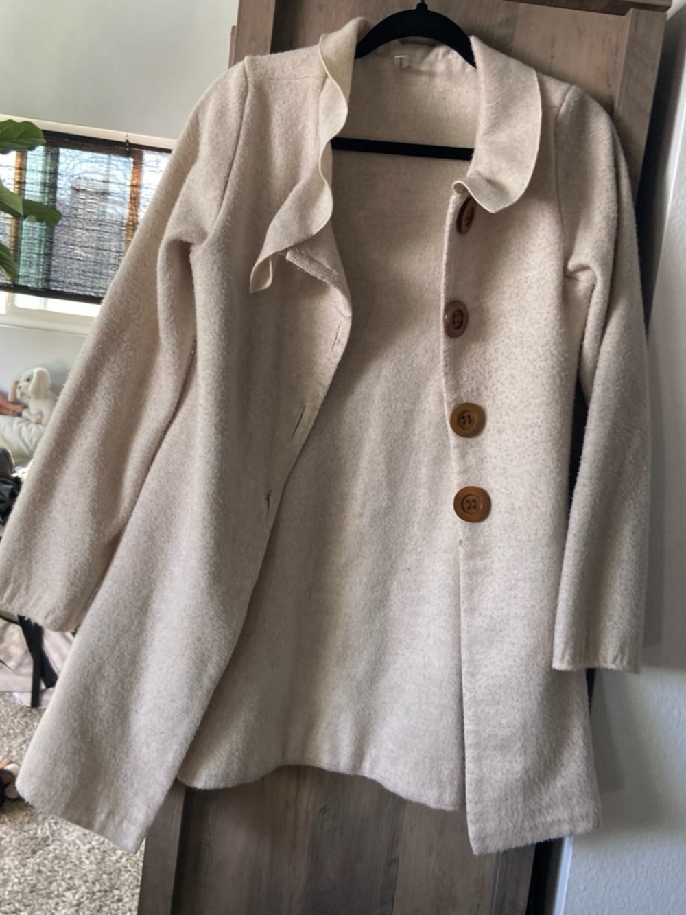 Women's Cream Single-Breasted Pea Coat with Button Front
